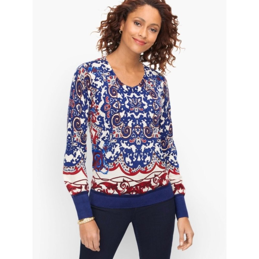 Talbots Soft Merino V Neck Pullover Sweater Medallion Print Blue Ivori Size SP